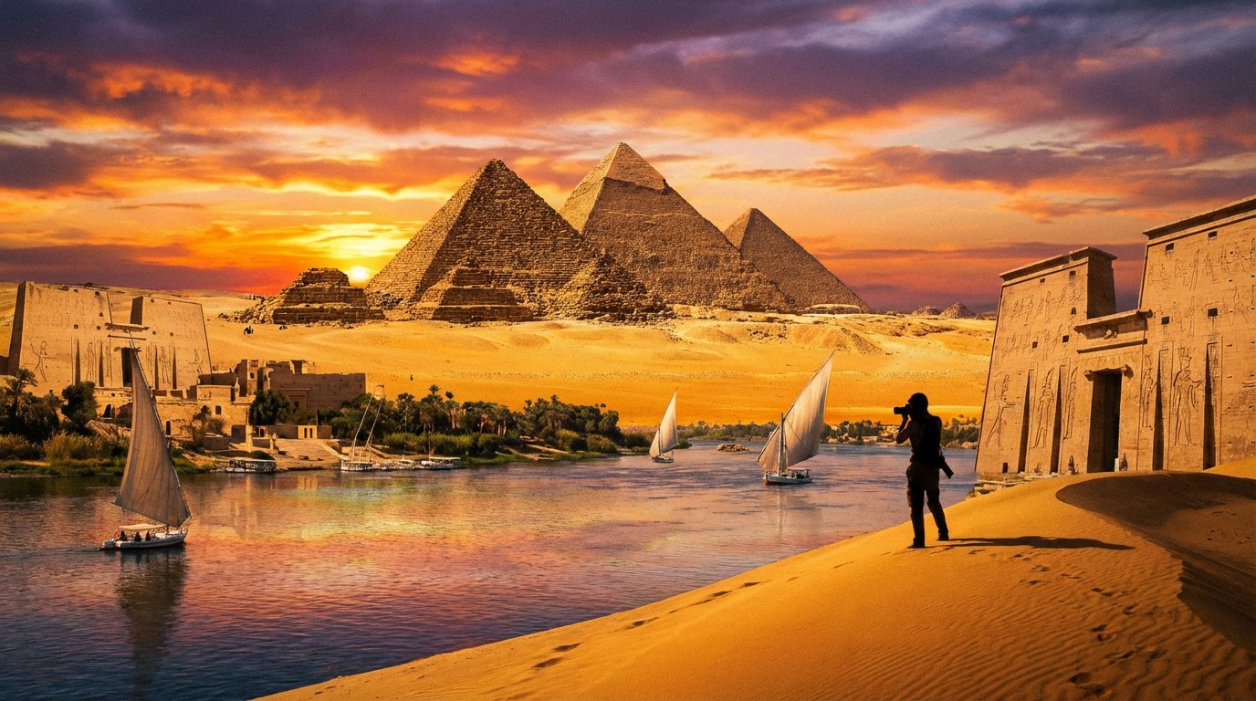 The Great Pyramids of Giza at sunset
