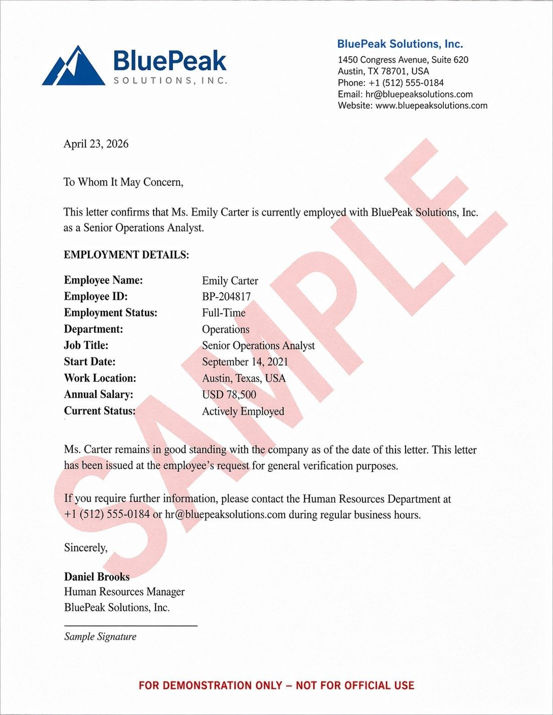 Letter Of Employment Sample
