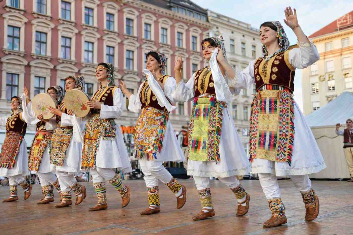 Traditional Albanian Folk Dancers Performing On Stage